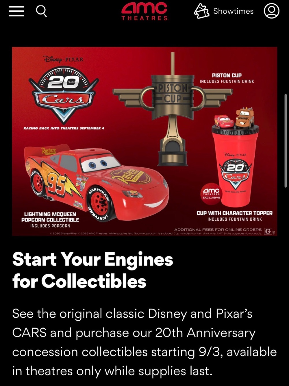 AMC 20th Anniversary Lightning McQueen Red Popcorn & Cups Collectible Set